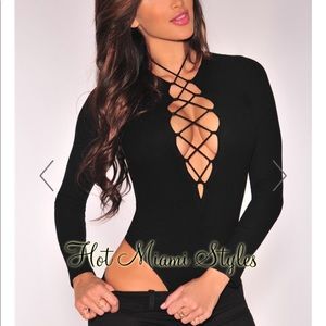 HMS Black Ribbed Lace Up Long Sleeves Bodysuit